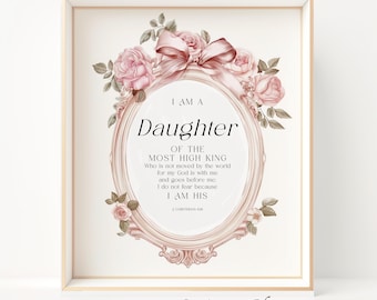Daughter of the King Scripture Print: Pink Floral Christian Nursery Decor (Coquette Art Printable)