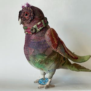 Textile art bird, sculpture, personalized, embroidered, hand made, unique, recycled, attention to detail