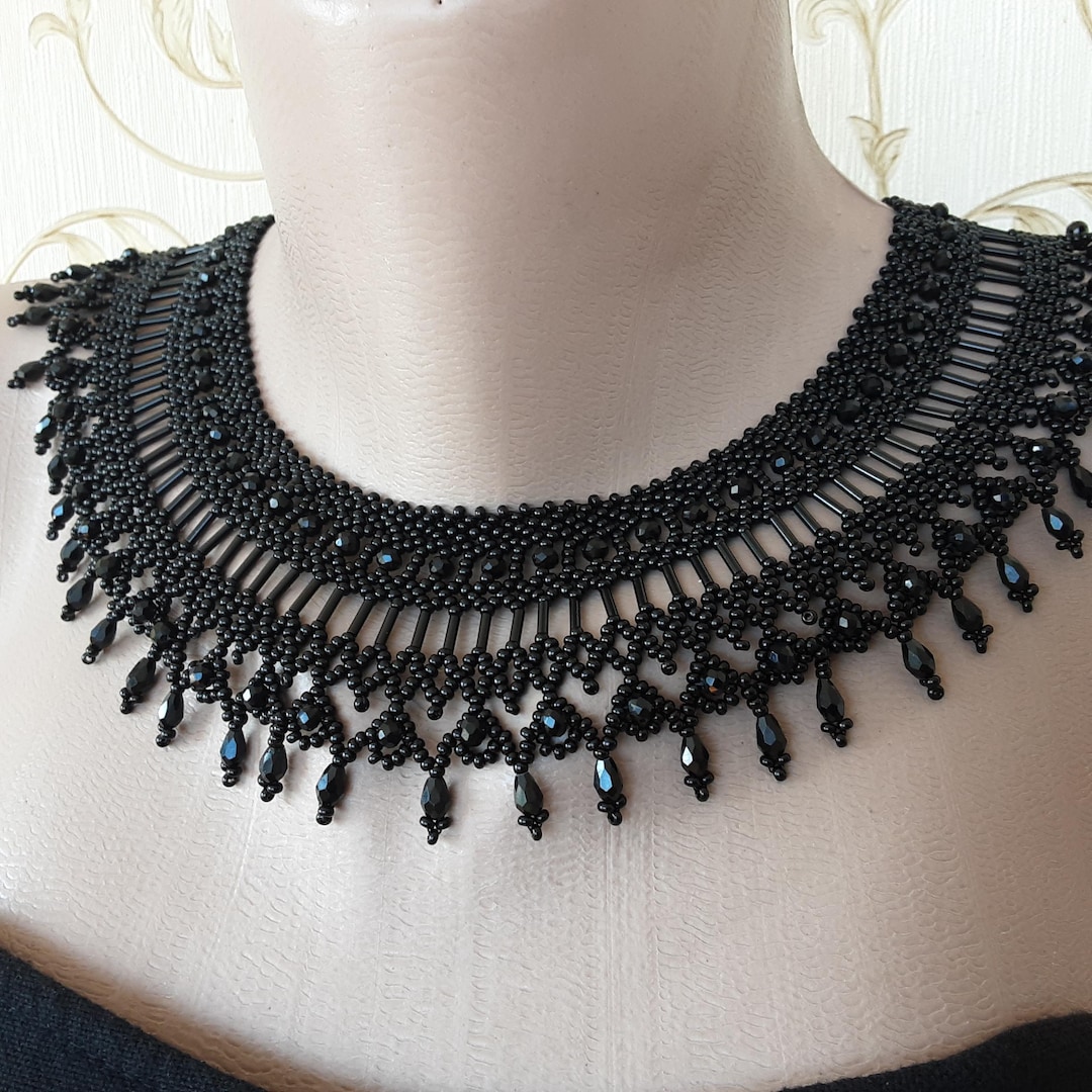Black Beaded Gothic Choker Necklace, Victorian Lace Collar Statement ...