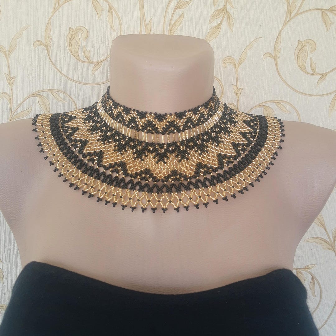 Beaded Collar Necklace, Black Gold Statement Choker, Handmade Wide ...
