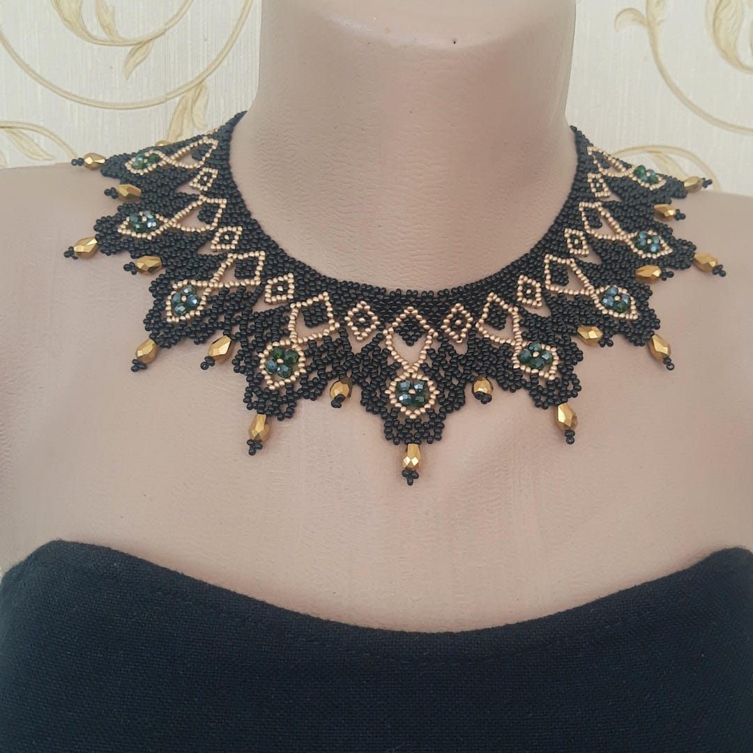 Gothic Beaded Choker Necklace Black Gold Victorian Statement Collar ...