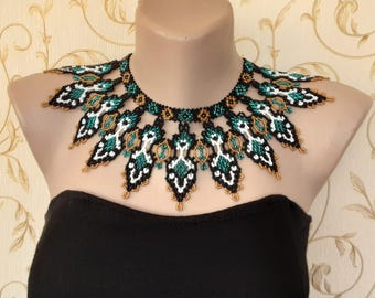 Beaded Statement Necklace Black Teal Gold Handmade Ethnic Jewelry Collar Lace Choker