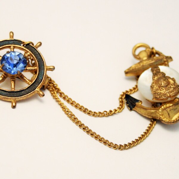 Nautical brooch. Vintage brooch. Anchor and ships wheel brooch. Vintage jewelry