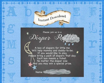 Chalkboard Diaper Raffle, Twinkle Twinkle Little Star, Moon Stars Clouds Raindrops Baby Shower Invitation Insert, Instant Download You Print