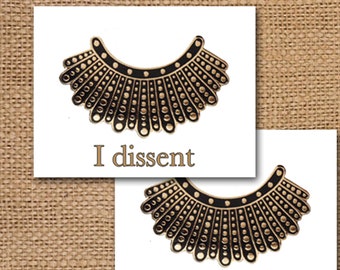 I Dissent Note Cards, Ruth Bader Ginsberg Statement Necklace, Set of Ten Cards, I Dissent or Necklace Only, Blank Inside