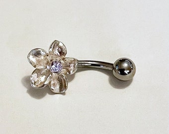 Belly Button Jewelry, Body Piercing, Sterling Silver Flower With Little Gemstone Accent, Body Jewelry, Belly Ring, 925 Mark, Sterling Silver