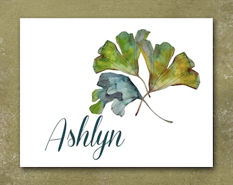 Gingko Biloba Note Cards, Ginkgo Biloba Stationery, Personalized With Your Name, Set of Ten, Blank Inside, Medicinal Plant, Chinese Tree