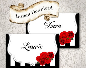 Red Rose & Black Stripe Place Cards, Blank or Personalized, Seating Card, Birthday/Shower/Anniversary, Folded Tent Card, YOU PRINT, PDF File
