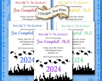 Graduation Invitation, School Colors, DIY Party Printable, Customized, Flying Mortarboards, Matching Invitation, School Name, Toss Your Hat