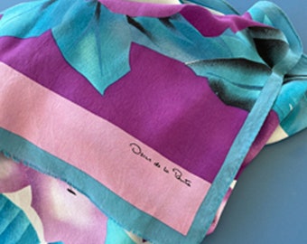 Oscar De La Renta Floral Silk Scarf, Lavender, Aqua, And Pink, Designer Kerchief, Head Or Neck Scarf, 16" X 60", Rolled Hem