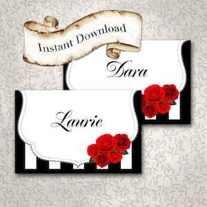 Tarjetas de rosa roja y negro, en blanco o personalizadas, tarjeta de asiento, cumpleaños / ducha / aniversario, tarjeta de tienda doblada, USTED PRINT, archivo PDF