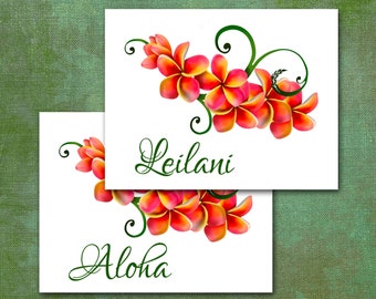 Plumeria Note Cards, Custom Made With Your Name or Aloha, Set Of Ten, Blank Inside, Hawaiian Stationery