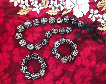 Hula Dance Accessory, Kukui Nut Lei, Two Matching Stretch Bracelets, Hawaiian Wedding, Black And White, 20" With 8" Ties Adjustable Length