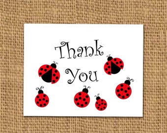 Ladybug Thank You Note Cards, Red Black, Set of Ten, Blank Inside, Matching Ladybug Invitations, Favor Tags, Insects Bugs Beetles, Lady Bug