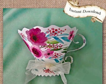 Faveur de partie de tasse de thé d'aquarelle de lavande, récipient de faveur, bricolage imprimable, thé, anniversaire, anniversaire, douche, modèle et instructions