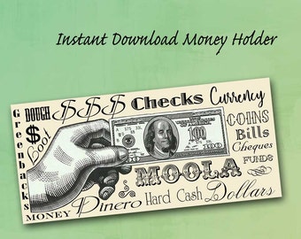 Money Holder, DIY Printable Money Wallet, Instant Download, Graduation, Birthday, Vintage Faux Engraving, Cash, Checks, Last Minute Gift