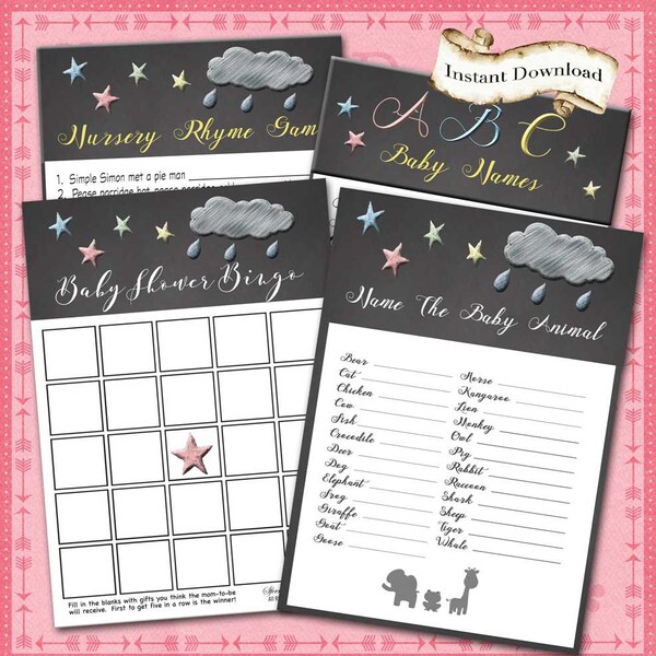 Chalkboard Baby Shower Games, Twinkle Twinkle Little Star, Gender Neutral, DIY Print, Bingo, Nursery Rhymes, ABC Names, Name Baby Animals