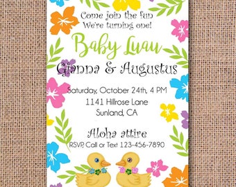 Luau Invitation, Baby's First Birthday Luau, Baby Birthday Party, Singleton, Twins, Triplets, Custom DIY Printable, Hibiscus Rubber Duckies