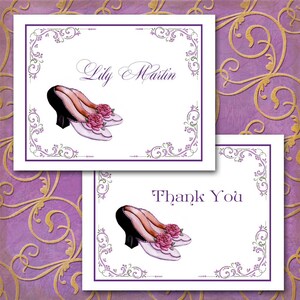 May include: Two greeting cards with a purple floral border and a pair of watercolor shoes. One card reads "Lily Martin" in script, the other says "Thank You". The shoes are white with black heels and pink roses.