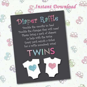 Diaper Raffle, Twins, Onesies, Instant Download DIY Printable, Boy & Girl, Chalkboard, Raffle Tickets, Baby Shower, New Baby, Christening