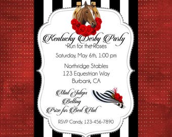 May include: A black and white striped invitation for a Kentucky Derby party. The invitation features a horse's head with a red rose wreath and the text "Kentucky Derby Party - Run for the Roses". The invitation also includes the date, time, location, and RSVP information.