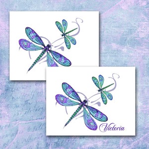 Dragonfly Note Cards, Monogram, Watercolor Dragonfly Cards, Purple, Aqua, Blue, Damselfly, Set of Ten, Blank Inside, Dragonfly Stationery