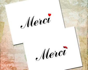 Merci, French Thank You Note Cards with Love or Beret, Thank You in French, Wedding Thank You, Bridal, Shower, Anniversary, Birthday,