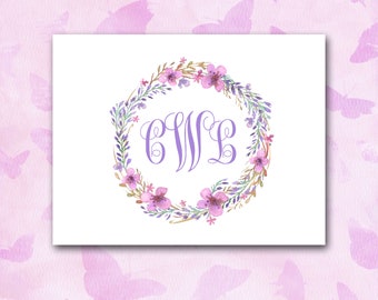 Monogram Note Cards: Watercolor Floral Wreath, Personalized Stationery (Set of Ten)