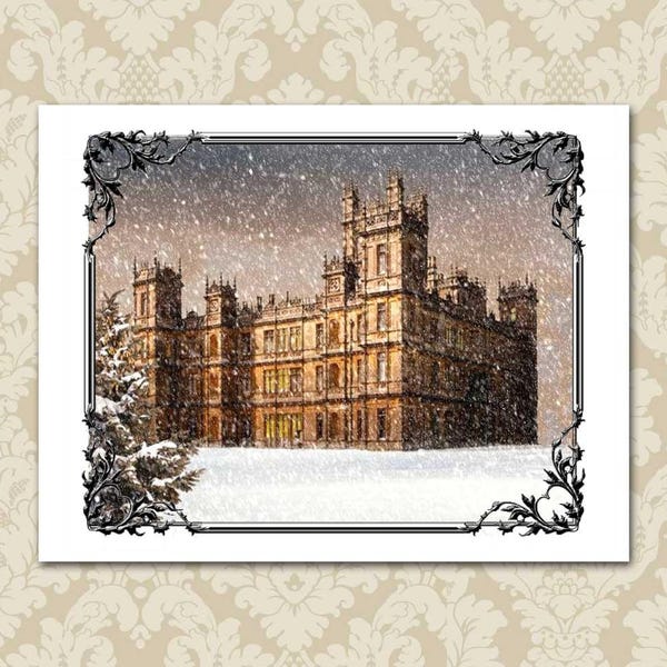 Downton Abbey Christmas Card or Note Card, Downton In The Snow Pastel Drawing, Ornate Frame, Set of Ten, Happy Christmas