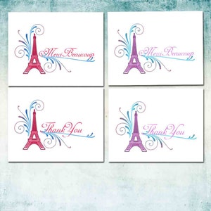 French Eiffel Tower Thank You Cards, Merci Beaucoup or Thank You, Red Blue or Purple Aqua, Set of Ten, Blank Inside, Wedding Birthday Shower