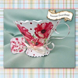 Bomboniera per feste in tazza da tè, anemoni rosa floreali acquerellati, stampabile fai da te per feste, compleanno, anniversario, doccia, neonato, modello e istruzioni