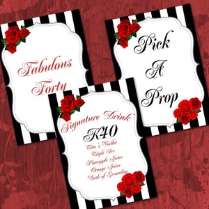 Custom Party Signs, Black White Stripes & Roses, Signature Drink/Sign The Wine Bottle/Pick A Prop/Milestone Birthday/Invitation/Thanks/Favor