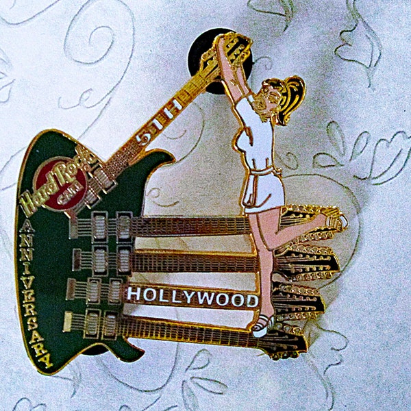 Hollywood Hard Rock Cafe Pin, 5th Anniversary Collectible, Green Pin With Brunette Waitress, Five Neck Guitar, Limited Edition