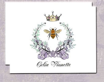 Napoleonic Bee Note Cards, Wreath With Bow, Bee, Crown, Custom Name or Initials, Symbol of French Empire, Personalized, French Note Cards