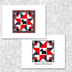 May include: Two white cards with a red, black, and gray quilt block design featuring a black silhouette of a Scottish Terrier. The bottom card has the name "Shannon Mae Gregor" printed below the quilt block.