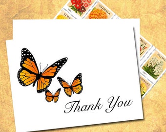 Butterfly Thank You Note Cards, Monarch Butterfly, Fall Colors, Orange, Yellow, Black, Set of Ten, Blank Inside, Papillon Thank You Notes