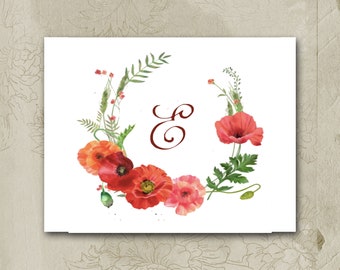 Poppy Note Cards, Watercolor Wreath , Initial Note Cards, Made To Order With Your Initial or Name, Veteran's Cards, Set of Ten, Blank Inside