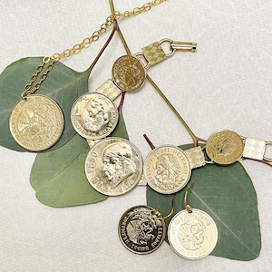 Mexican Coin Jewelry, Vintage Circa 1970s, Necklace, Bracelet and Earrings, Historical Figures, Eagle On Cactus With Snake, Coat of Arms