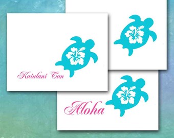 Sea Turtle Note Cards, Personalized Stationery, Hawaiian Turtle Hibiscus, Name, Initials or Aloha/Custom Stationery/Made to Order/Thank You