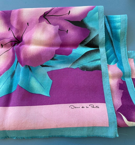 Oscar De La Renta Floral Silk Scarf, Lavender, Aq… - image 3