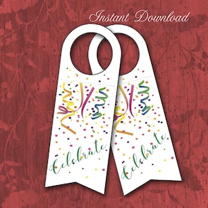 Puede incluir: Dos etiquetas de botella blancas imprimibles con un diseño de confeti y cintas. Las etiquetas tienen un agujero recortado en la parte superior y dicen "Celebrate" en escritura cursiva verde.