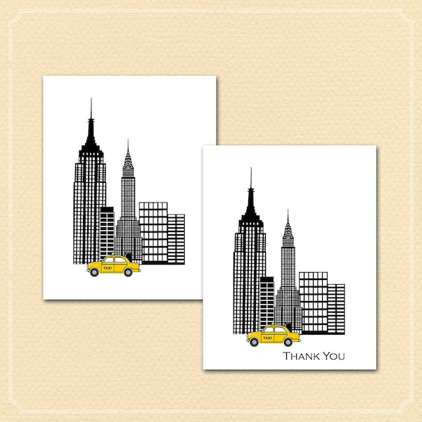 New York City Taxi Cards, New York Skyline, Yellow Taxi, Checkered Taxi, Stylized Skyline, Modern Black and White, Taxi Cab, Empire State