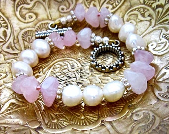 Rose Quartz Bracelet With Lustrous Pearls, Pink and White, Gift for Mom. Matching Earrings, Sterling Accents, Glam Bracelet, Semiprecious