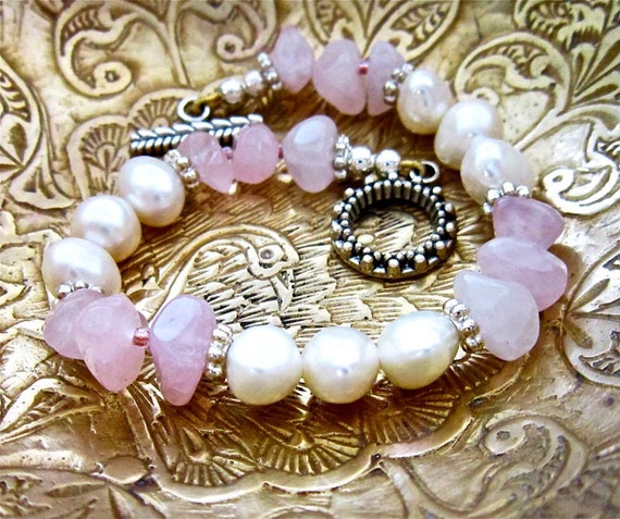 Rose Quartz Bracelet With Lustrous Pearls Pink and White Gift