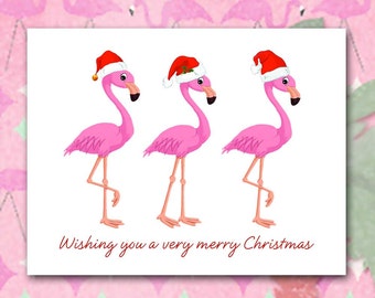 Flamingo Christmas Cards, Santa Hats, Trio of Flamingos, Florida Birds, Comical Christmas Card, Bright Pink and Red, Set of Ten Blank Inside