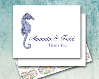 Beach Wedding Thank You Note Cards, Personalized Couple Names, Vintage Engraved Seahorse, Nautical/Couple Stationery/Set of Ten/Blank Cards