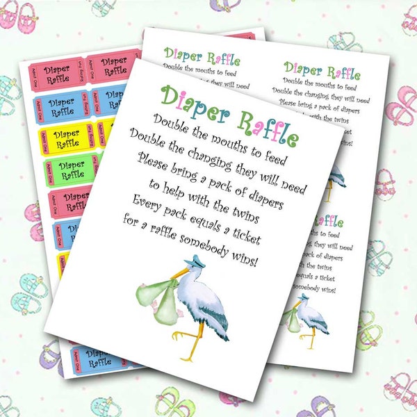 Twin Diaper Raffle, Baby Shower Invitation Insert and Raffle Tickets, PDF Instant Download, Do It Yourself, Sip and See, Twin Baby Shower