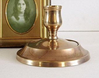 Brass Candleholder, Candlestick, Brass Collectible, Round 5" Base, Home Decor, Fireplace Mantle, Brass Candlestick