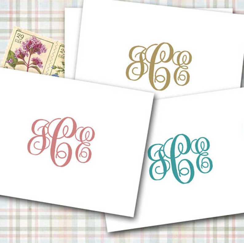 Three Initial Monogram Note Cards Navy Wine Forest Green Etsy