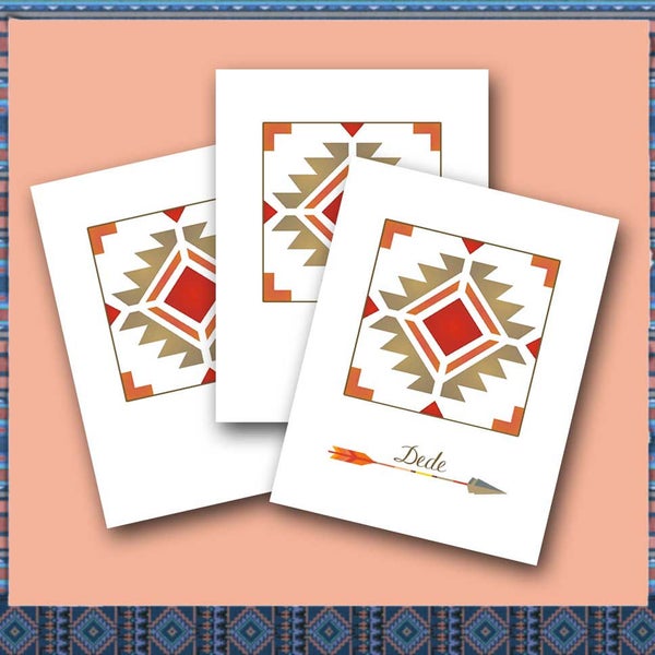 Navajo Note Cards American Indian Southwestern Stationery, Geometric, Red Orange Sand, Set of Ten, Blank Inside, Personalize With Your Name